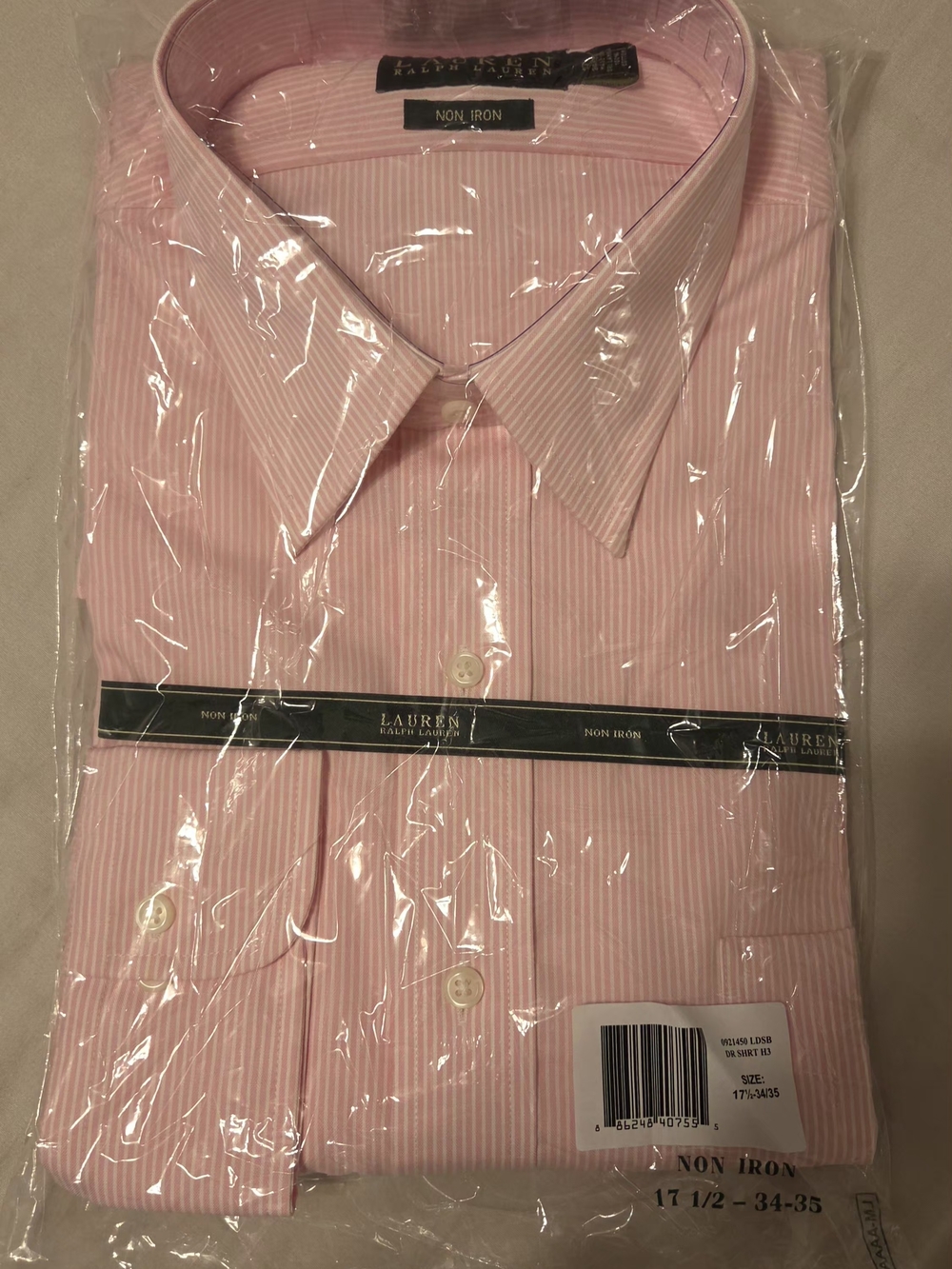 NWT Lauren Ralph Lauren Men's Dress Shirt Pink White Stripe 17.5 34/35 Non-Iron